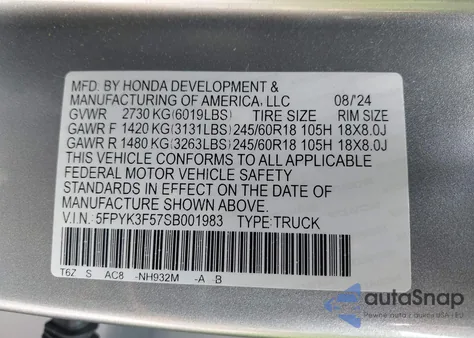 2025 Honda Ridgeline Rtl из США, поврежденный, VIN 5FPYK3F57SB001983